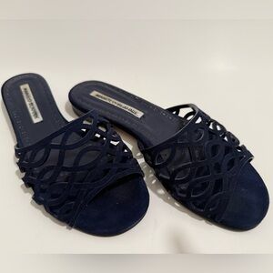 Manolo Blahnik Navy Blue Slide Sandals, Size 5